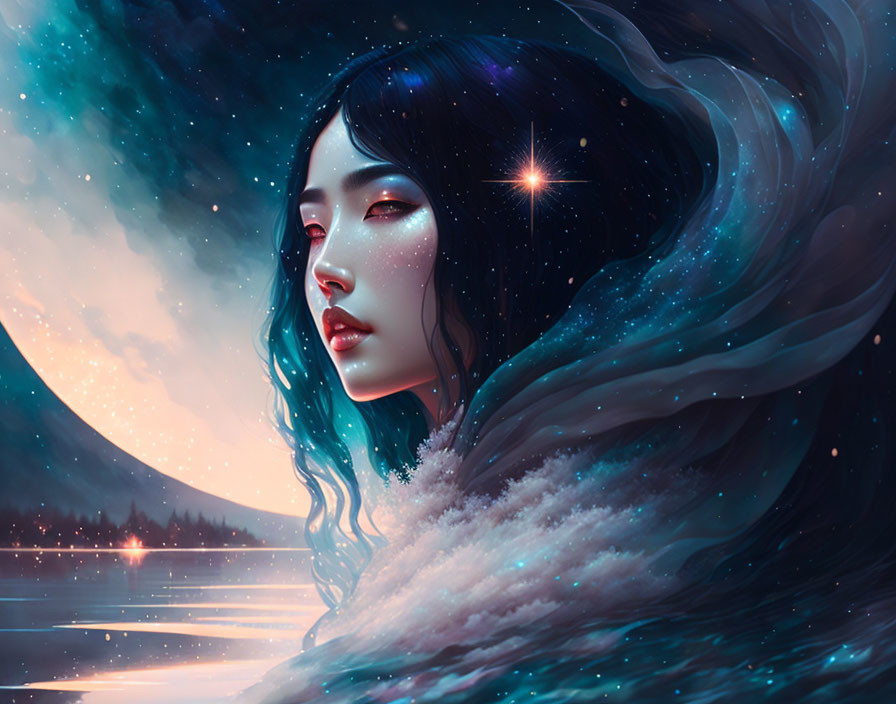 Cosmic hair woman portrait by reflective water