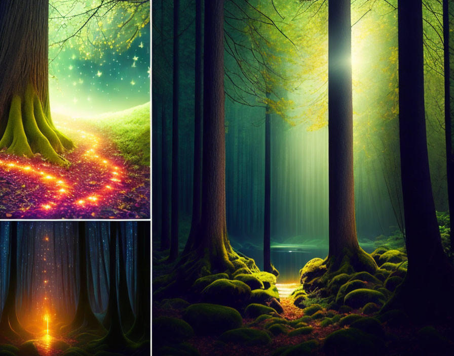 Mystical forest collage with glowing lights and sunbeams