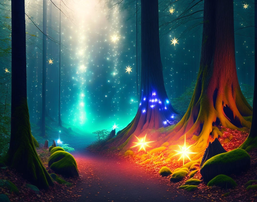 Enchanting Twilight Forest Path with Glowing Stars and Colorful Lights