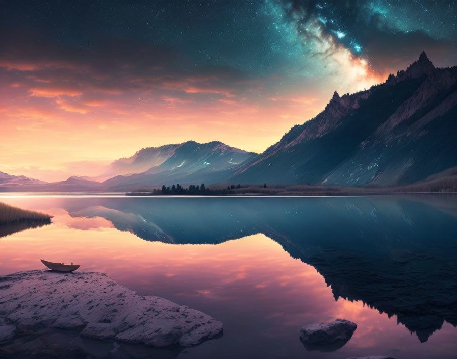 Tranquil lakeside dusk scene with stars, boat, mountains, and colorful sky