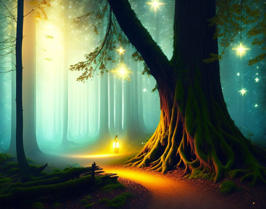 Person holding lantern in mystical forest with glowing lights and large trees under starry sky