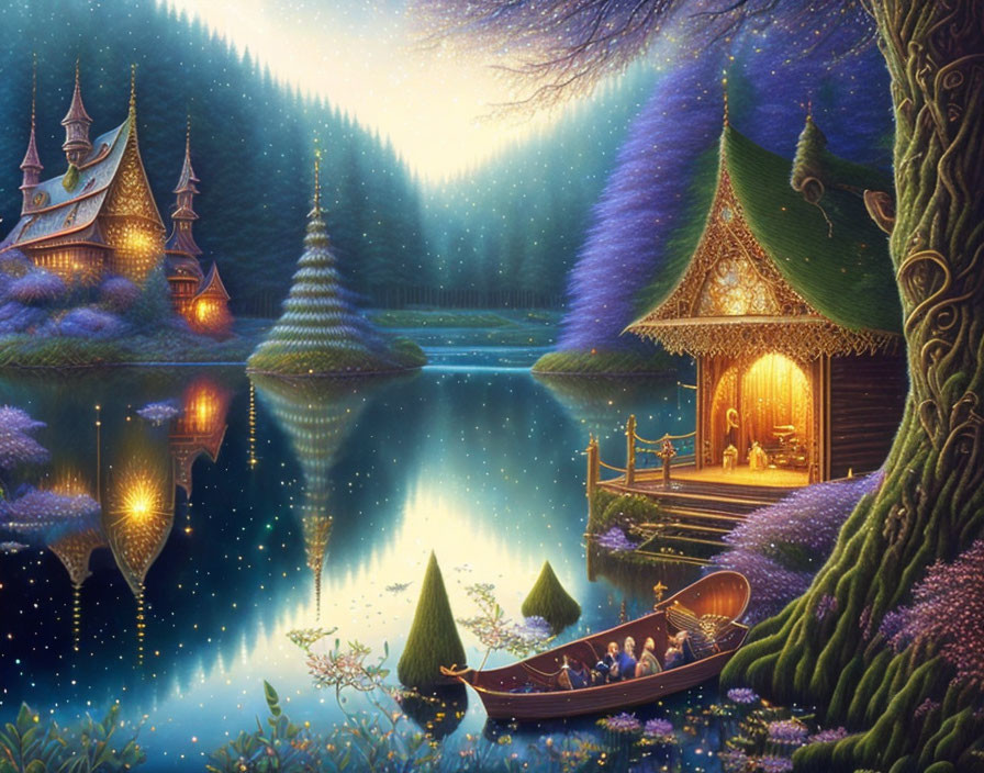 Enchanting forest landscape with castle, glowing gazebo, boat, and starry sky