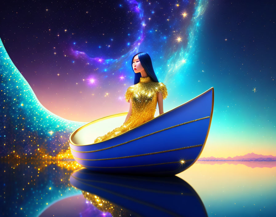 Stylized image of woman in gold dress on half-moon boat with cosmic background.