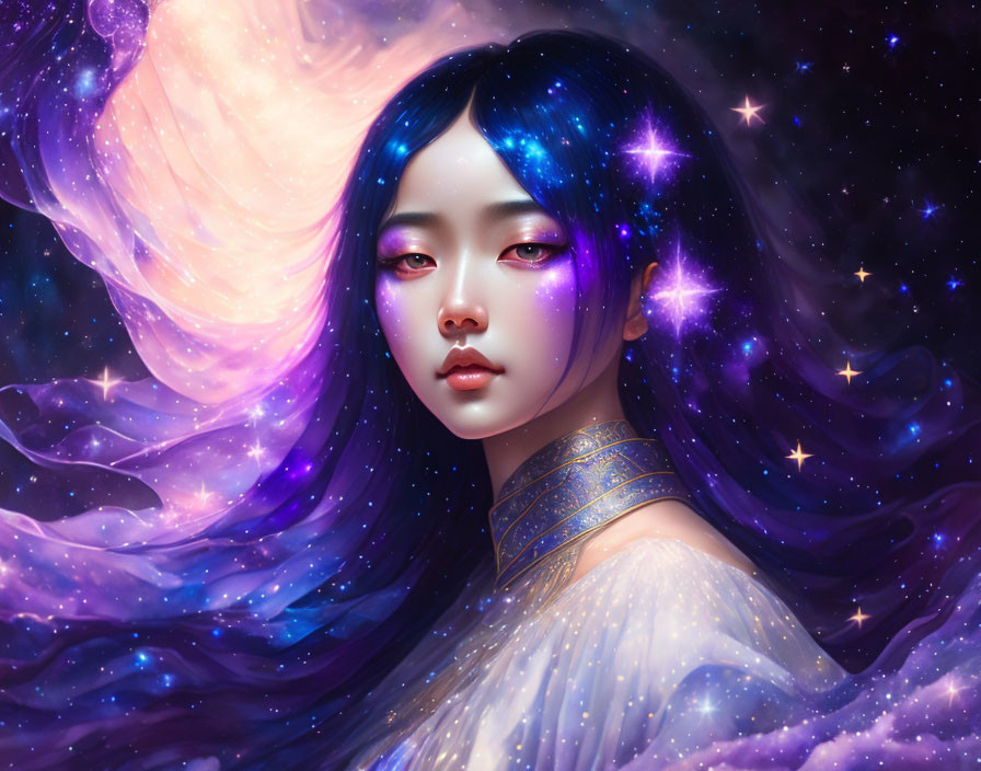 Illustrated portrait of woman with blue hair in galaxy background