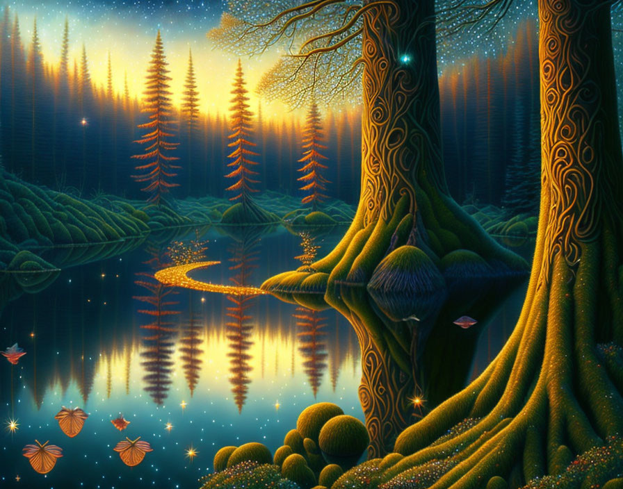 Enchanting forest scene with glowing trees, tranquil lake, and fireflies