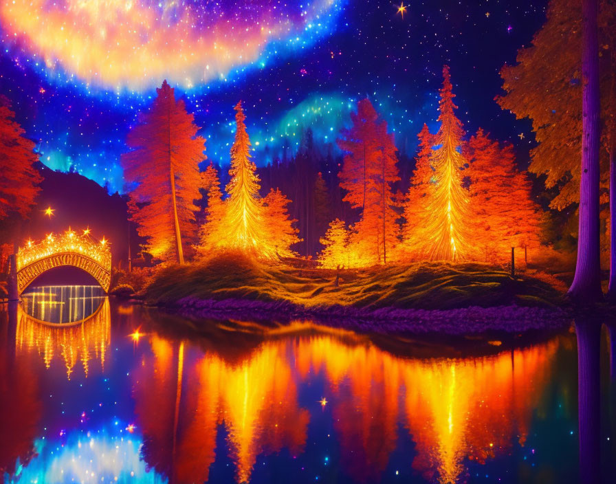 Vibrant nighttime landscape with illuminated trees and bridge over calm lake