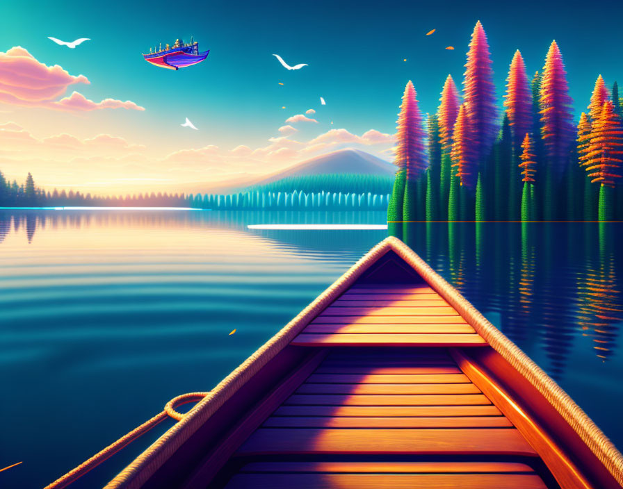 Scenic digital artwork of a serene lake with colorful trees and a mountain under a sunset sky