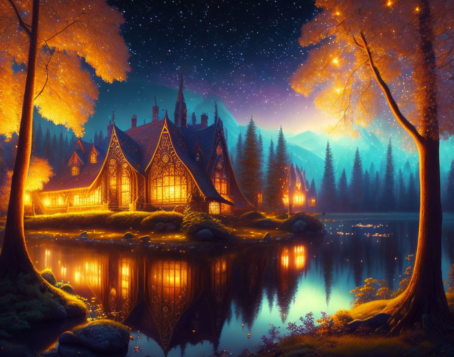 Lakeside house among autumn trees under starry sky