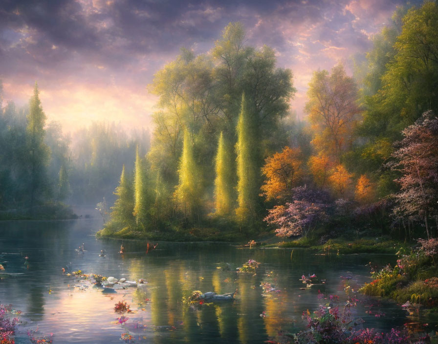 Tranquil river, blooming flowers, ducks, colorful misty forest