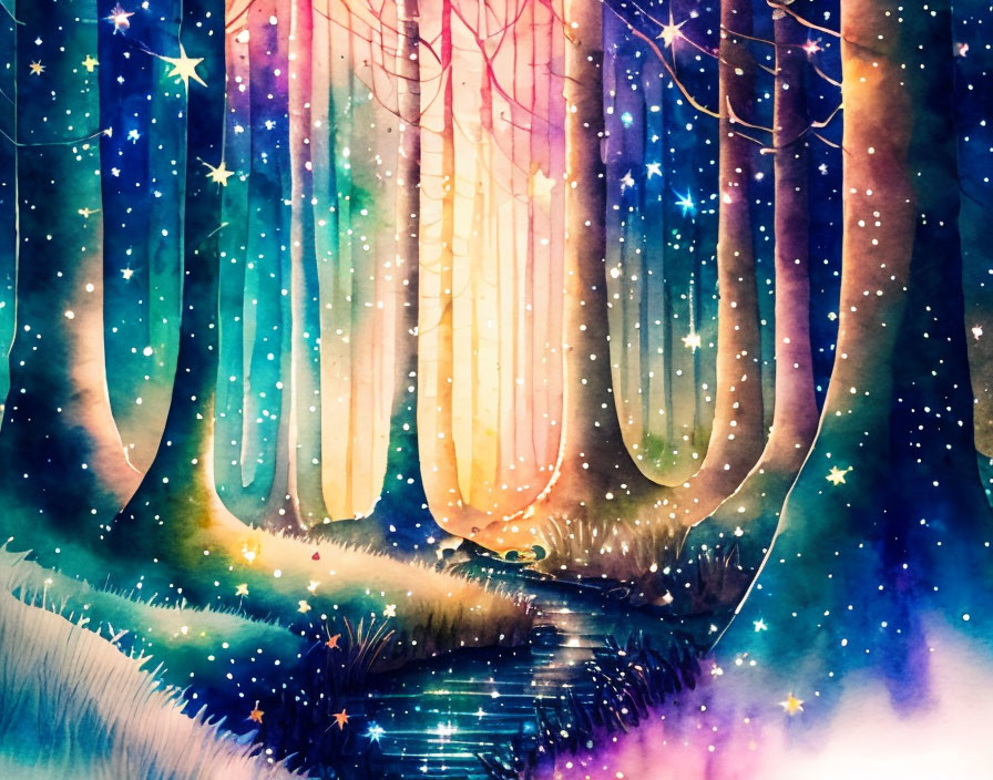 Vibrant watercolor painting of starry forest in blue, purple, and pink