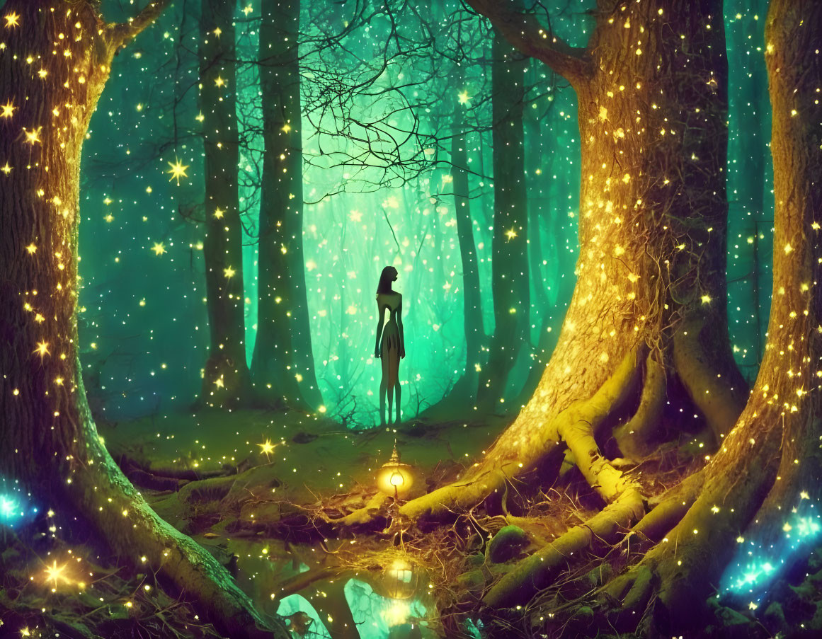 Surreal teal-lit forest with sparkling points, lantern, and silhouetted figure.