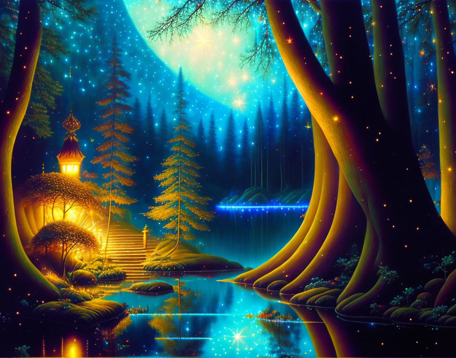 Enchanted Night Forest with Glowing Trees and Temple