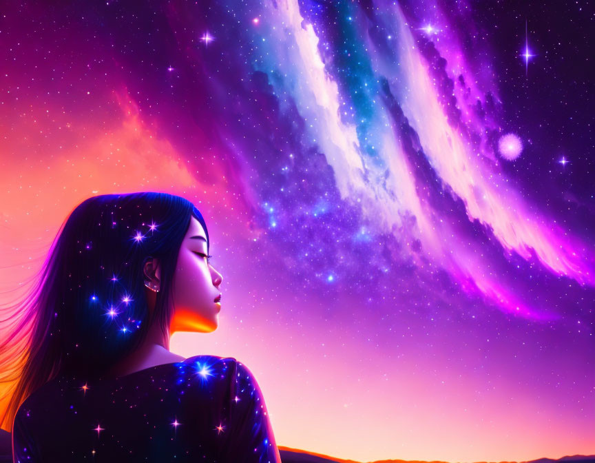 Silhouette of Woman Against Vibrant Cosmic Background