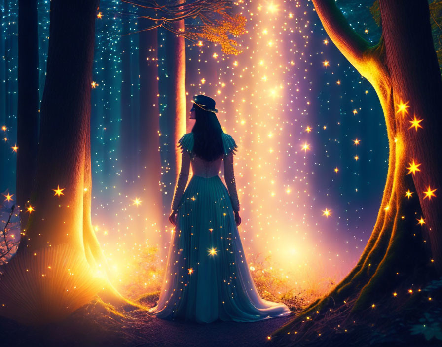 Woman in Blue Dress in Enchanted Forest with Glowing Stars and Fireflies