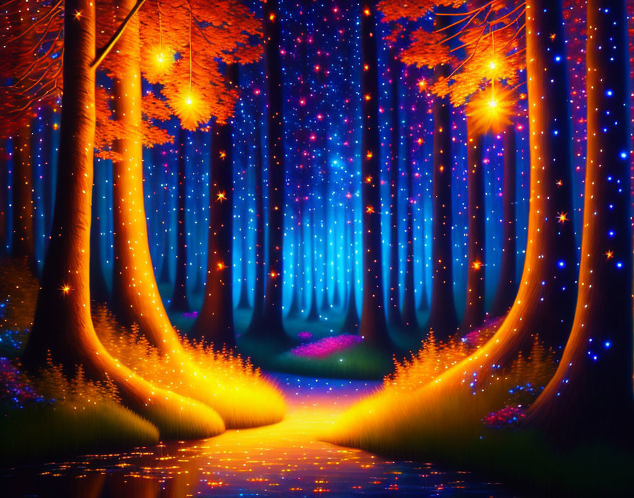 Enchanting forest scene with glowing trees and starry night sky