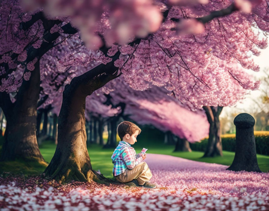 Child Reading Book Under Cherry Blossom Trees in Full Bloom