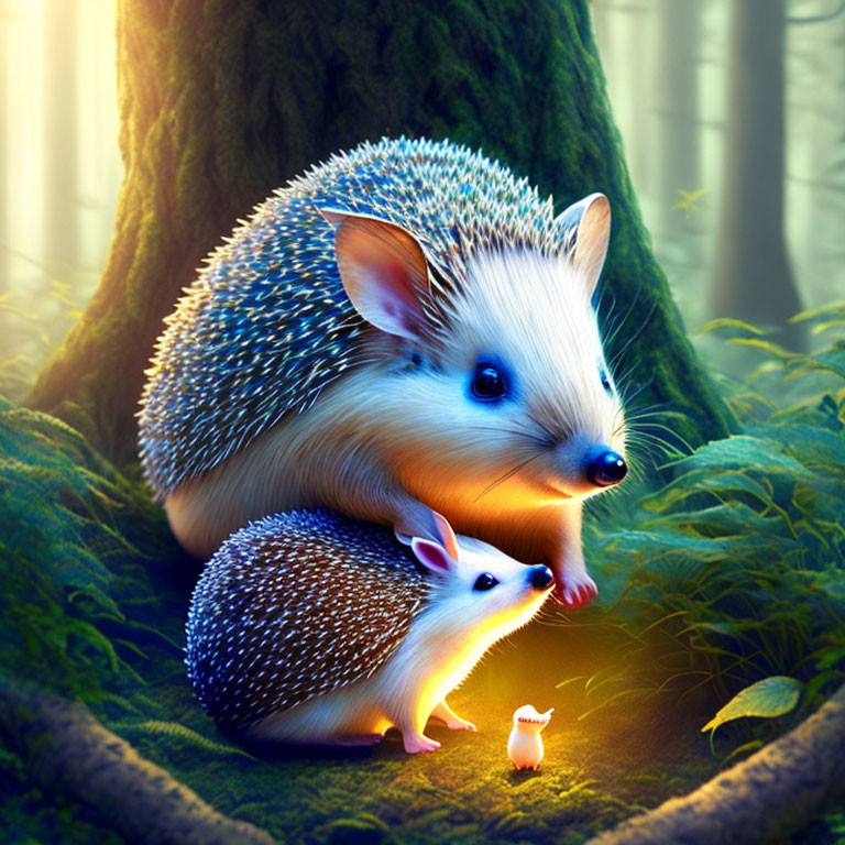 Fantastical hedgehog digital artwork with glowing blue eyes in lush green forest