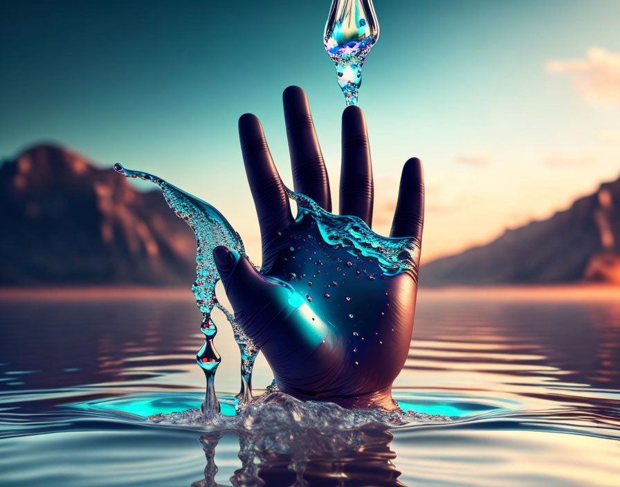 Digital artwork featuring hand rising from water with blue liquid against serene mountain backdrop at sunset