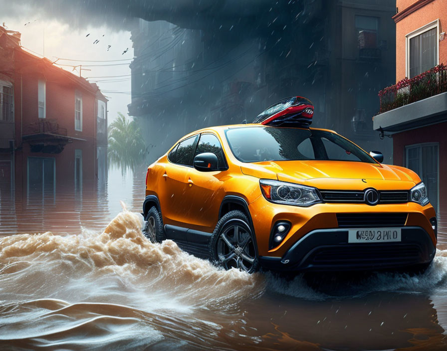 Orange SUV with kayak driving through flooded urban street under stormy sky