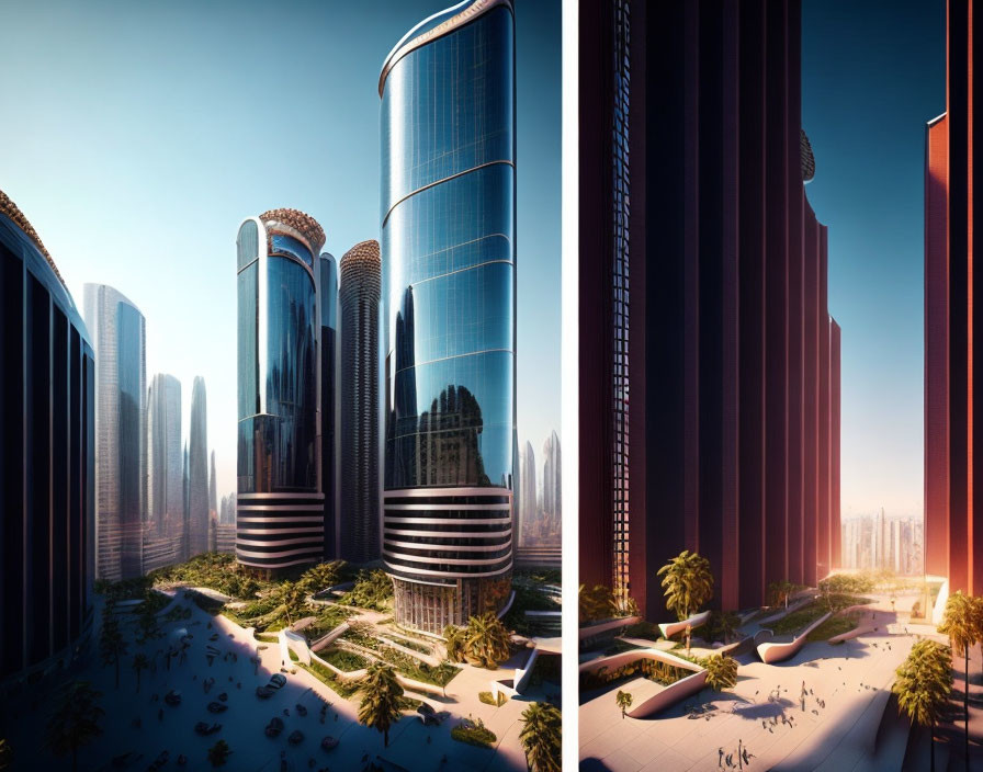 Sleek high-rise buildings in futuristic cityscape at sunrise.