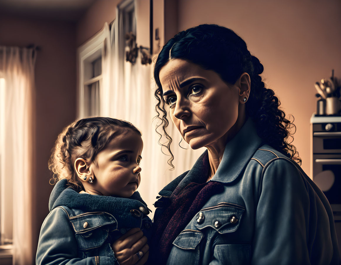 Digital artwork of woman holding child in jean jacket in domestic interior