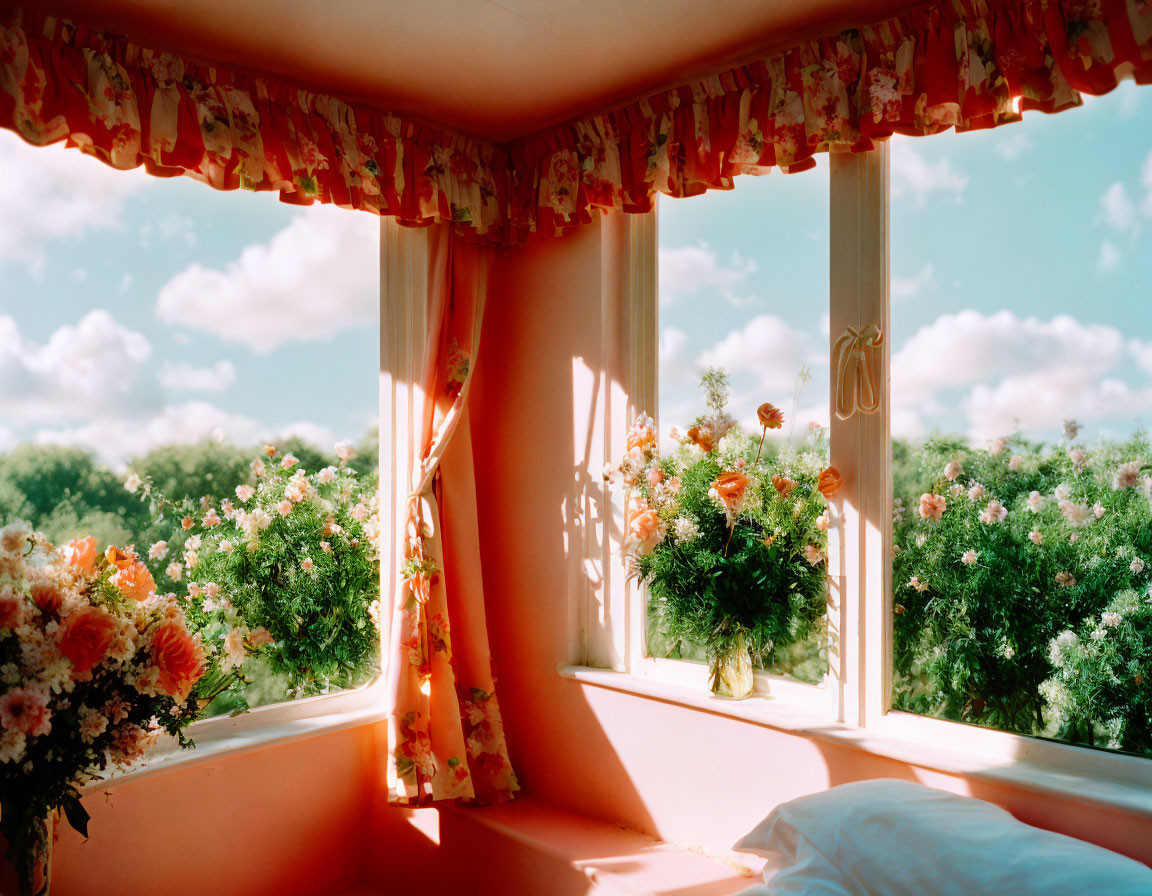 Bright room with floral curtains, garden view, blue sky.