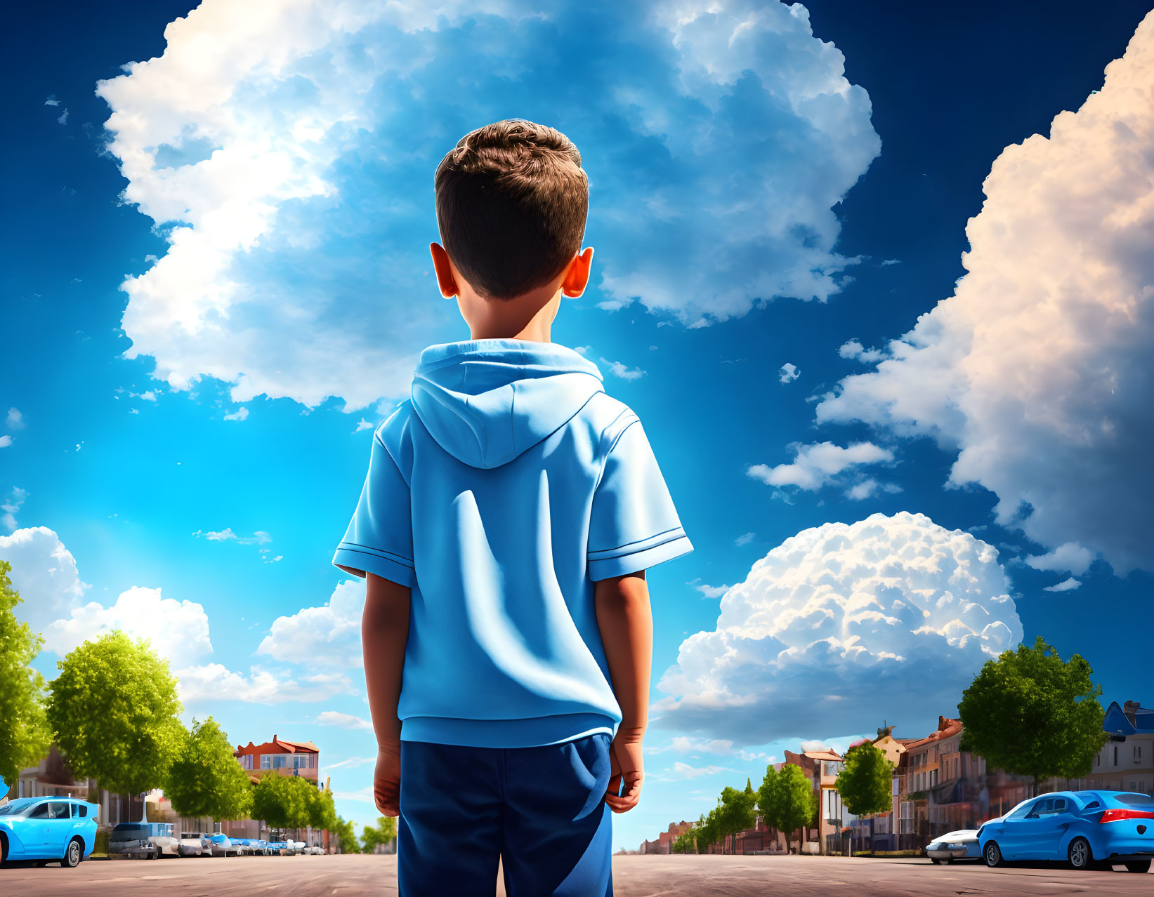 Young boy admiring bright sky in suburban street setting