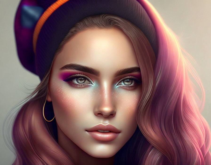 Digital portrait of woman with purple ombre hair, blue eyeshadow, multicolored be