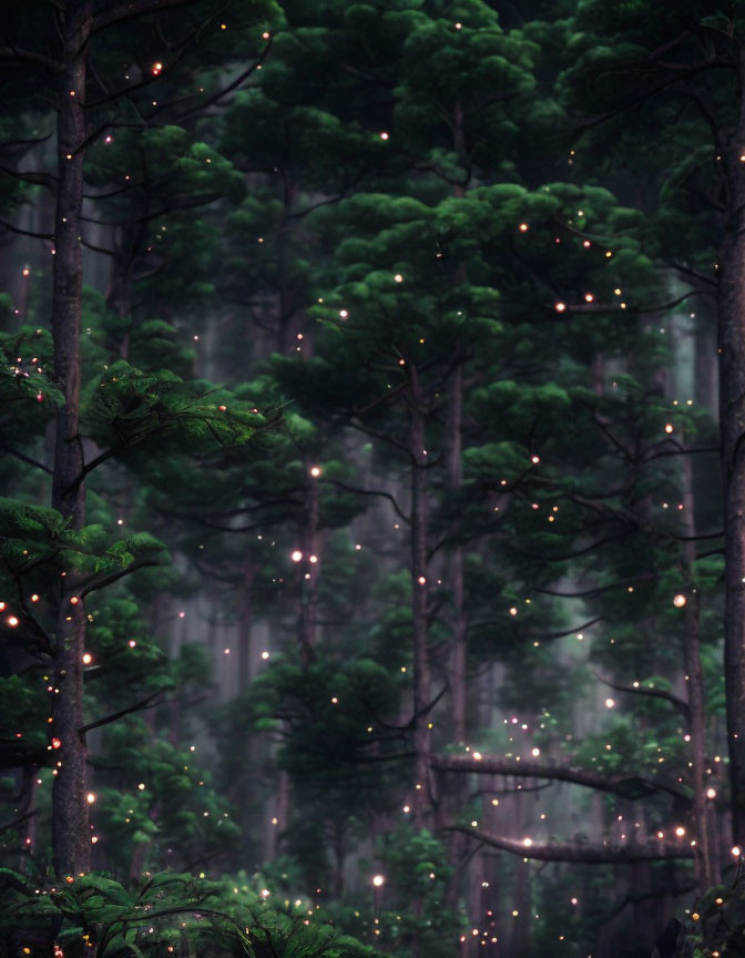 Enchanting forest scene with tall pine trees and twinkling lights in misty ambiance