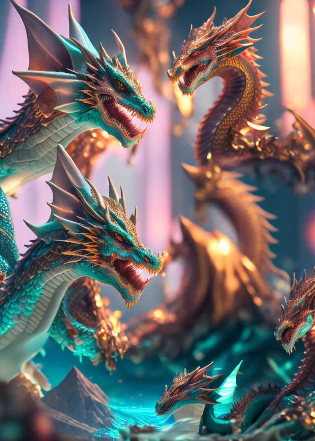 Three Teal and Bronze Dragons in Mystical Blue Light Fantasy Setting