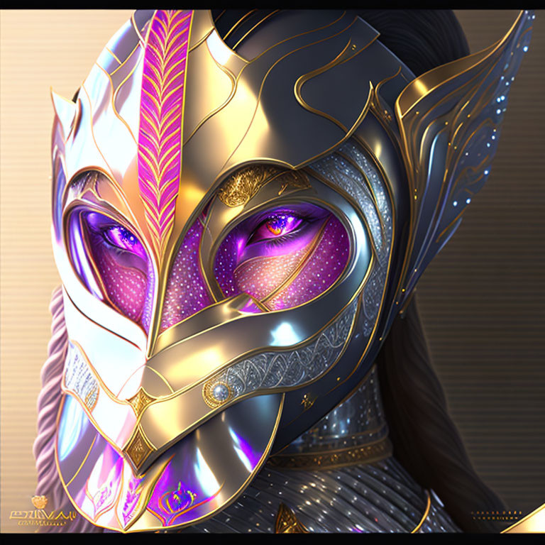 Digital art: Person in intricate golden and black mask with purple feathers and luminous eyes