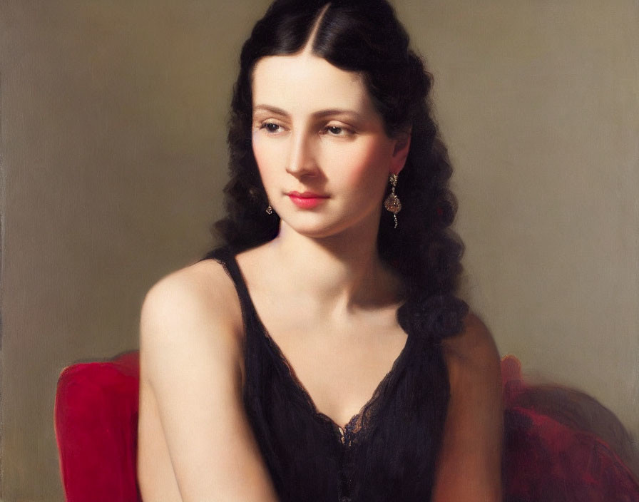 Traditional portrait of a woman in dark attire with earrings, sitting near a red chair