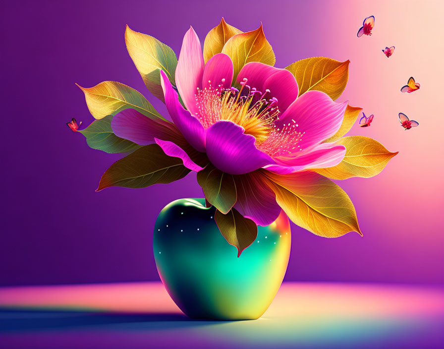 Colorful flower and apple in vibrant digital artwork