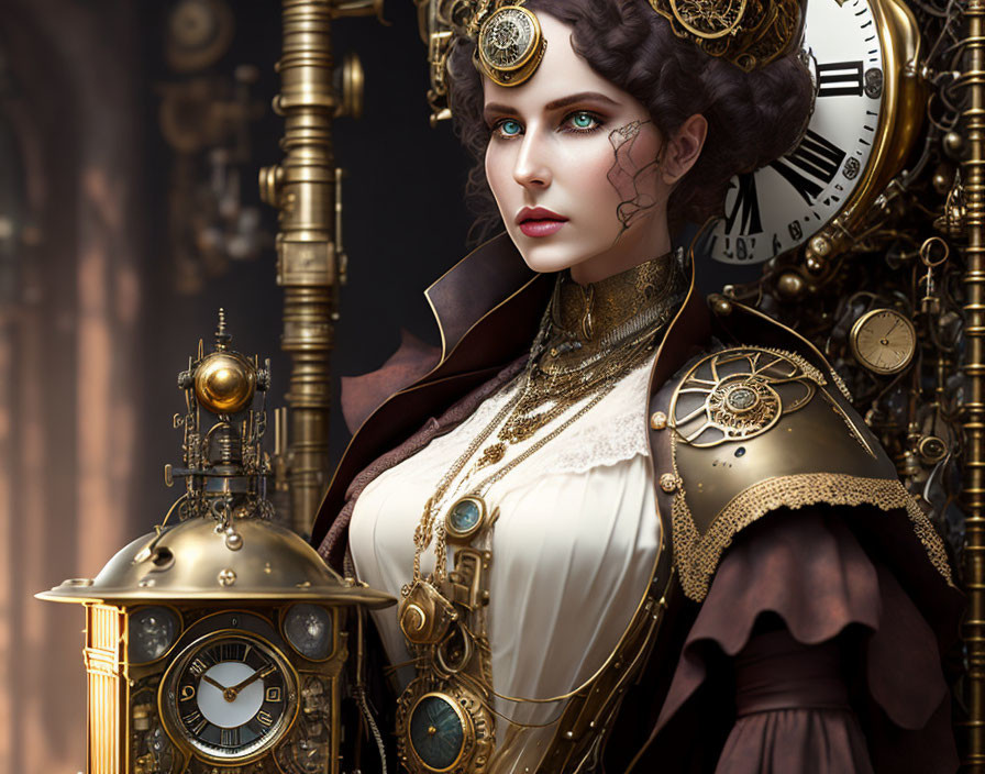 Steampunk-themed woman in Victorian attire with clockwork elements and gears.