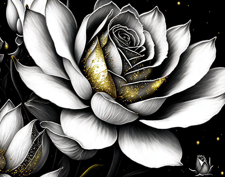 Detailed Monochromatic Rose with Gold Accents on Dark Background