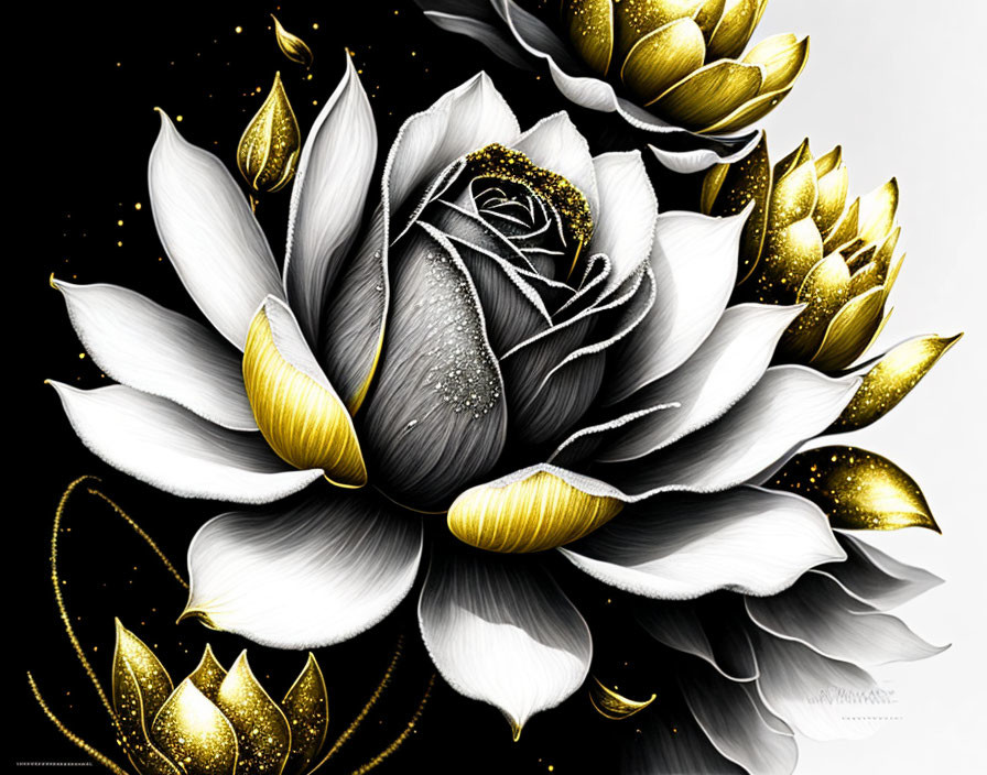 Stylized black and white rose with shimmering gold details on dark background