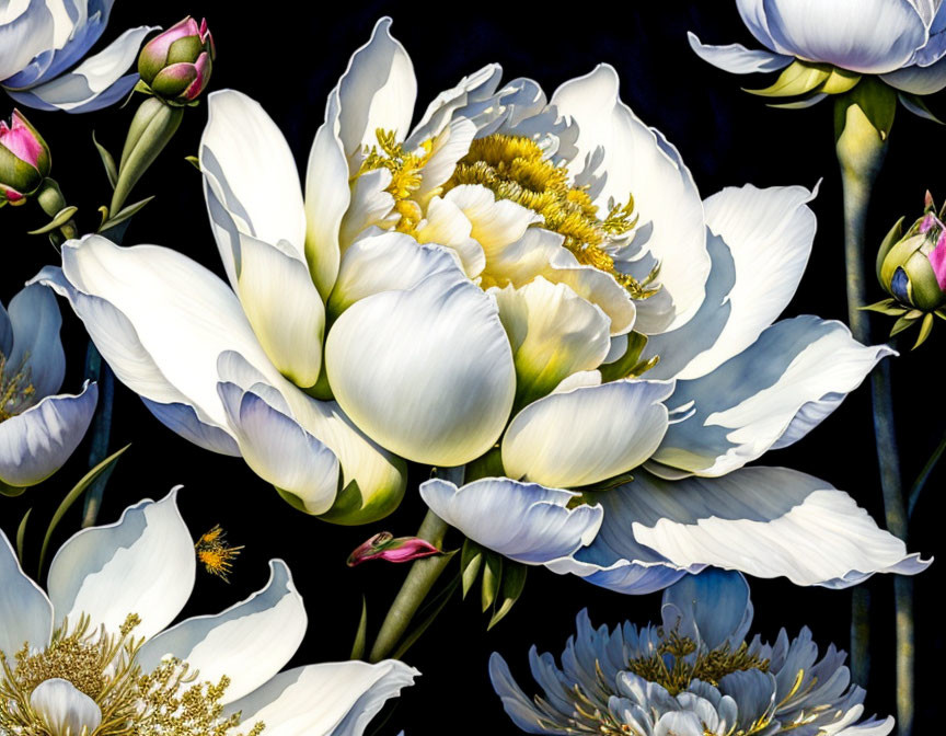 Detailed White and Pale Purple Peonies on Dark Background