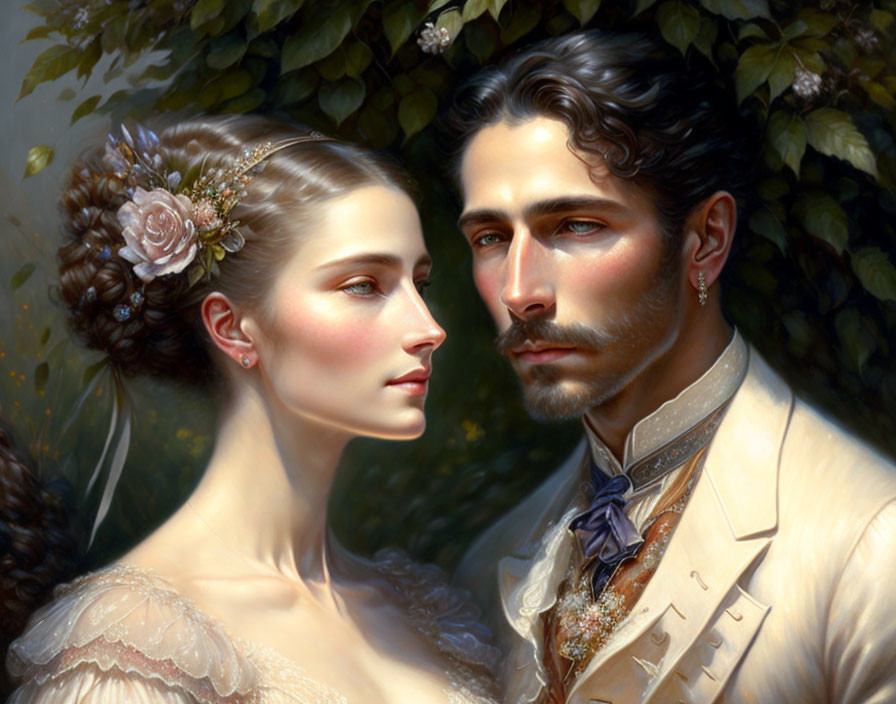 Victorian-era couple painting with detailed attire and intimate gaze