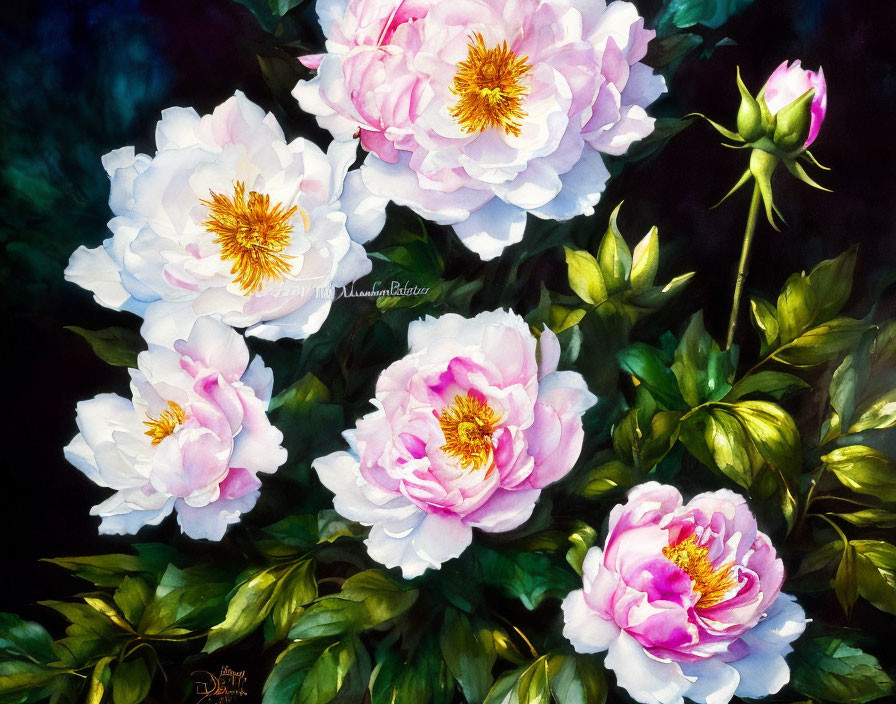 Detailed White Peonies Painting with Pink Hues