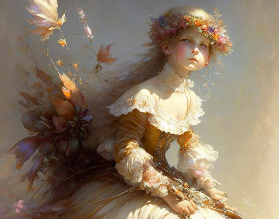 Young girl in vintage attire with floral crown surrounded by ethereal flowers