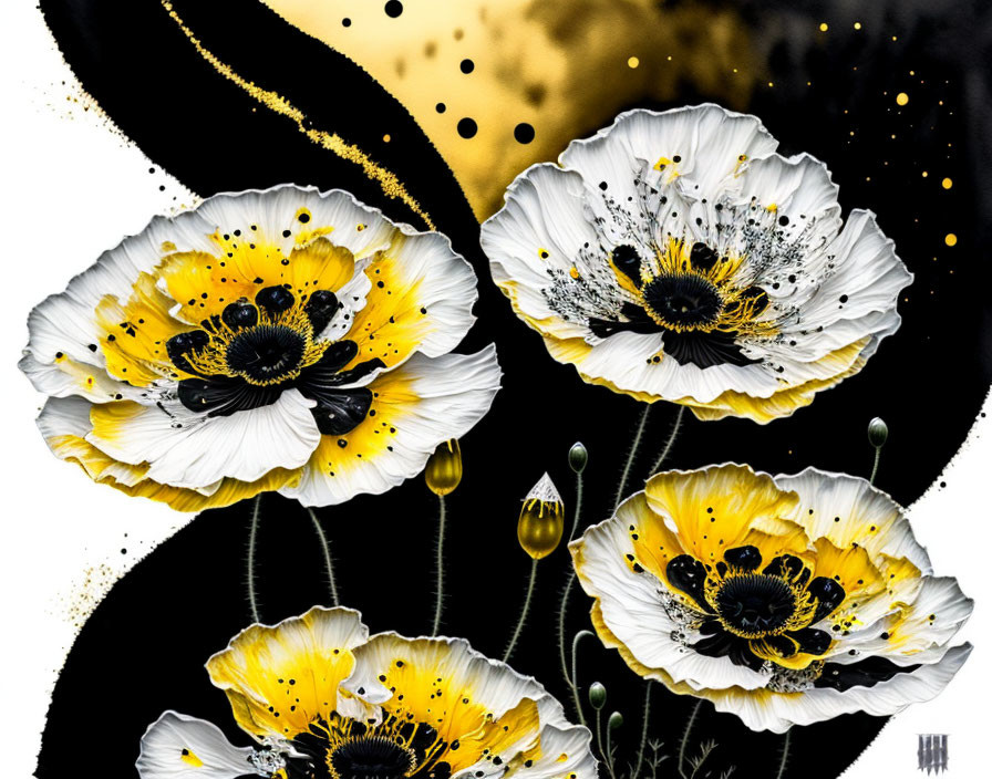 Stylized black, white, and yellow flowers with gold splatters on dark backdrop