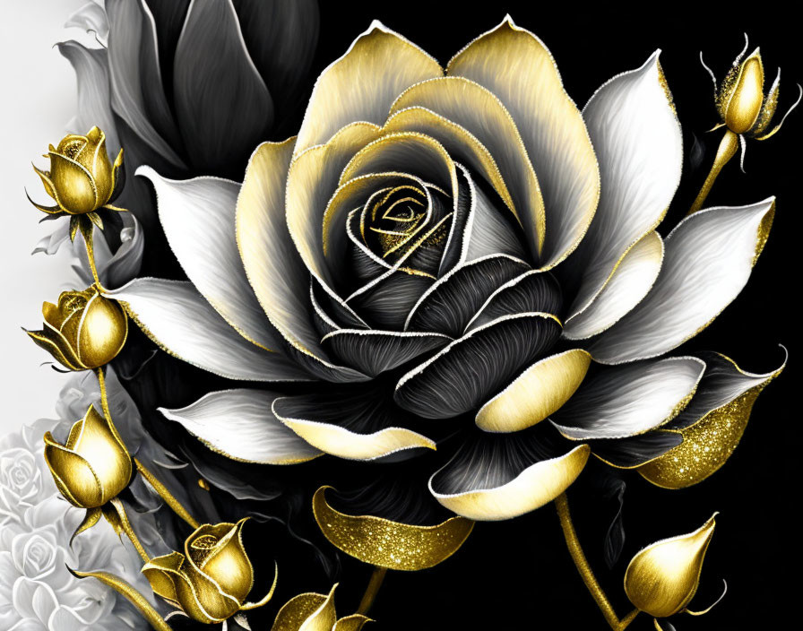 Monochrome Rose Artwork with Golden Edges on Grayscale Floral Background