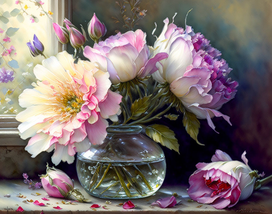 Pink and White Flowers in Clear Vase by Window with Soft Light