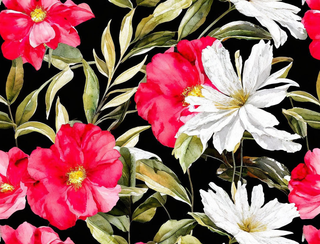 Bright Red and White Floral Watercolor Pattern on Dark Background