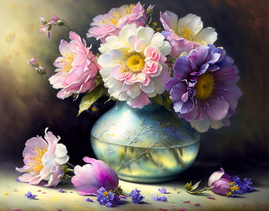 Vibrant Pastel Flowers in Decorated Vase with Scattered Petals