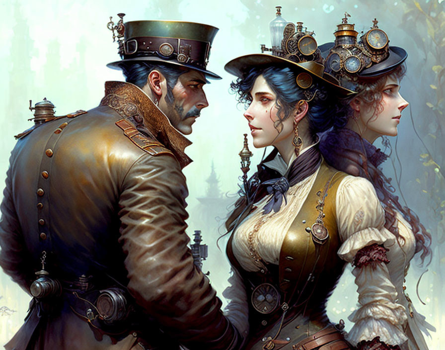 Steampunk-themed illustration of man and two women in period attire with mechanical accessories against industrial backdrop