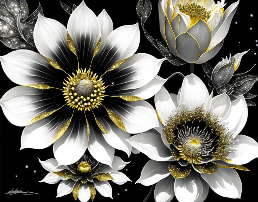 Stylized white flowers with gold and black accents on starry black backdrop