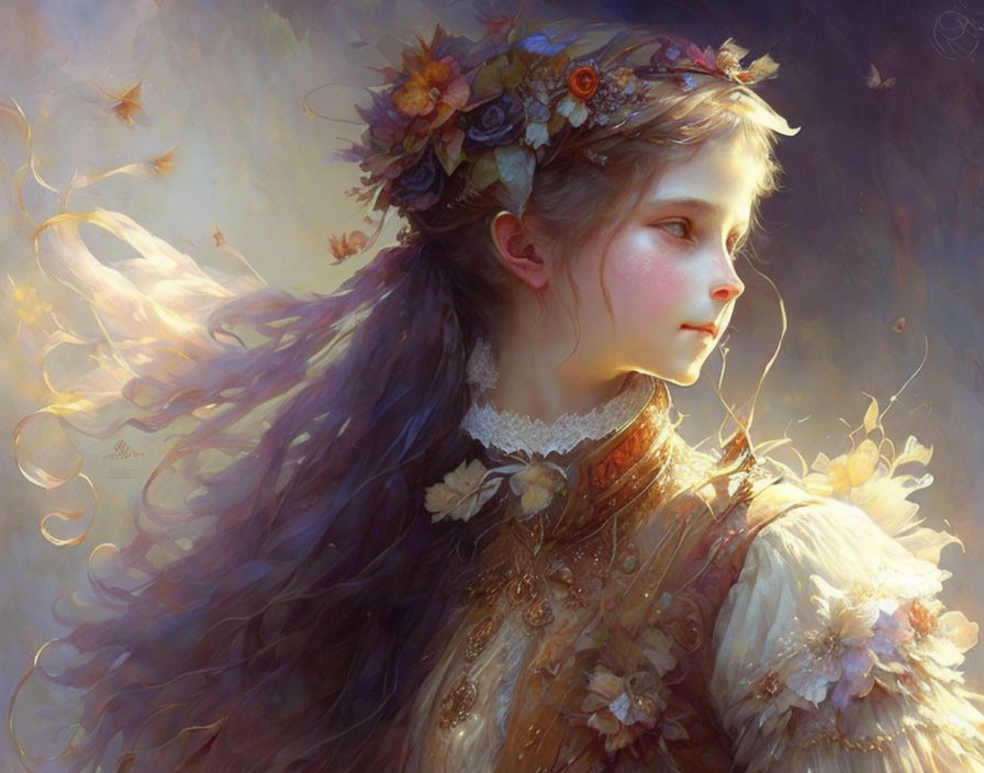 Ethereal artwork of winged girl with floral garland in hair