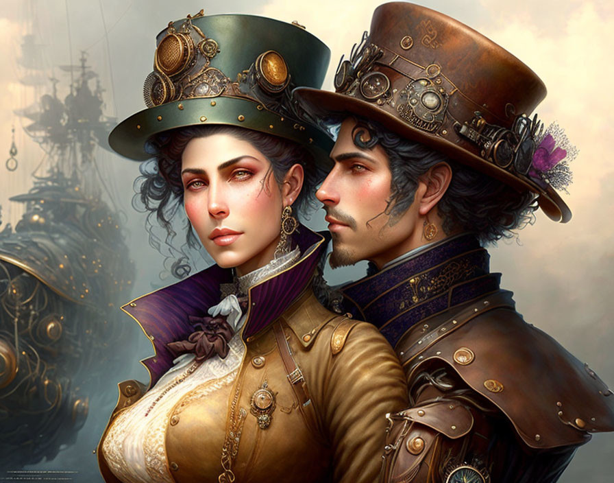 Steampunk couple in Victorian attire with airship