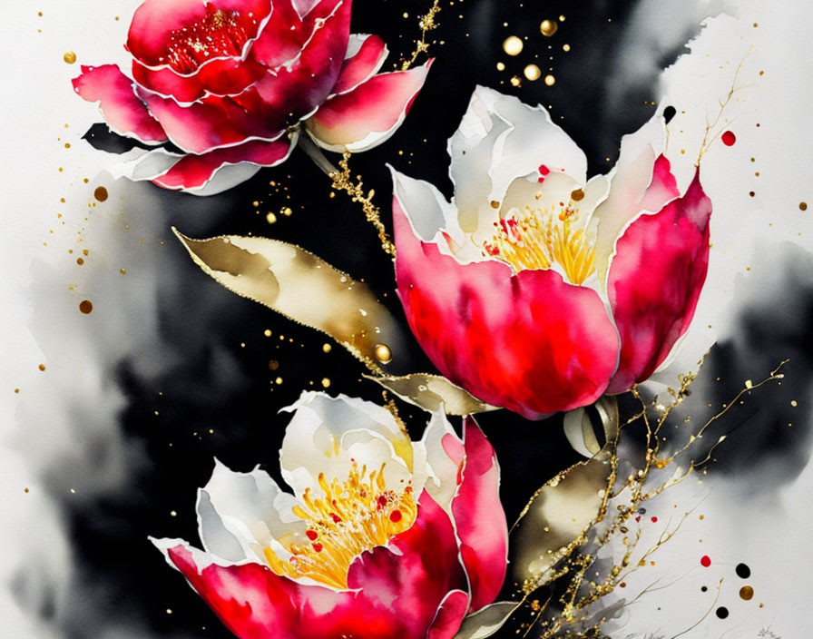 Vibrant Red and White Flowers with Gold Accents on Black and White Background